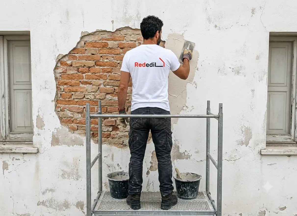 Riparazione di intonaco distaccato sulla facciata di un edificio